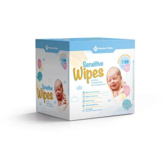 Imagem de Toalhas Lenço Umedecidos Sem Fragrância Sensitive Wipes Member's Mark Pack com 8 Pacotes de 50 Unidades Cada