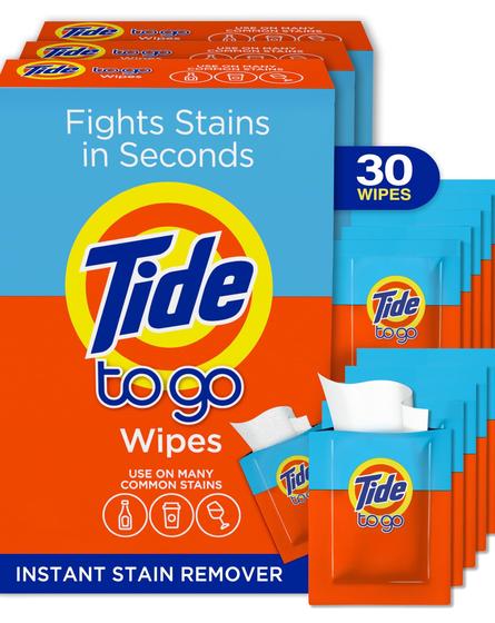 Imagem de Toalhetes removedores de manchas Tide To Go for Clothes, 30 toalhetes, pacote com 3