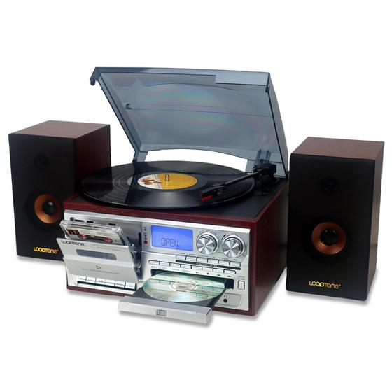 Toca-Discos de Vinil LoopTone 10 em 1 com Bluetooth - 3 Velocidades - Prata Menor preço em Toca-Discos de Vinil LoopTone 10 em 1 com Bluetooth - 3 Velocidades - Prata