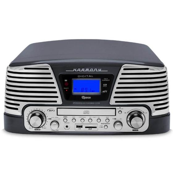 Imagem de Toca Discos Vintage Anos 50 Raveo Harmony Bluetooth, AM/FM, CD Player, USB, SD, Gravação Titanium
