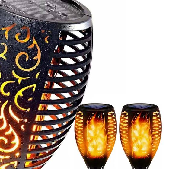 Imagem de Tocha Luminaria Solar Kit 2 unid. Espeto Fogo Chama 12 Leds Balizador Jardim Decoração Eventos Praia Lual