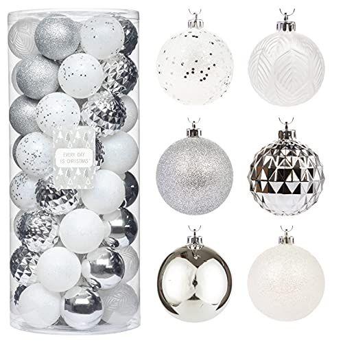 Imagem de Todo dia é Natal 50ct 57mm/2.24 "Enfeites de Natal, Shatterproof Christmas Tree Ornaments Set, Decoração de Bolas de Natal (Prata Branca)