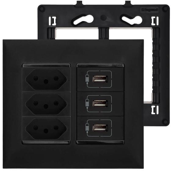 Imagem de Tomada 20A Tripla 4x4 Preta Com Carregador USB Triplo PIAL Plus+