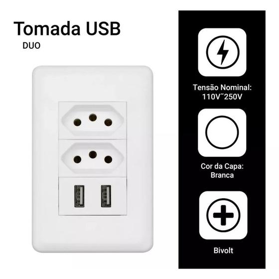 Imagem de Tomada De Parede Bivolt Multifuncional Com 2 Entrada USB Universal