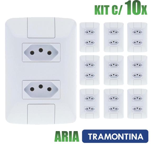 Imagem de Tomada Dupla Aria Branco Tramontina 10A/250V Kit c/ 10 unidades