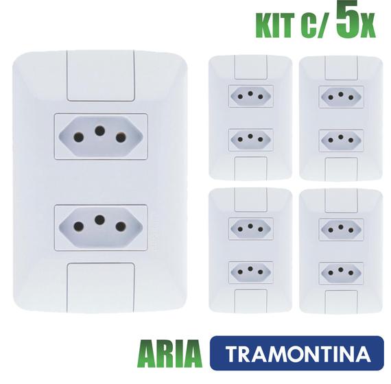 Imagem de Tomada Dupla Aria Branco Tramontina 10A/250V Kit c/ 5 unidades
