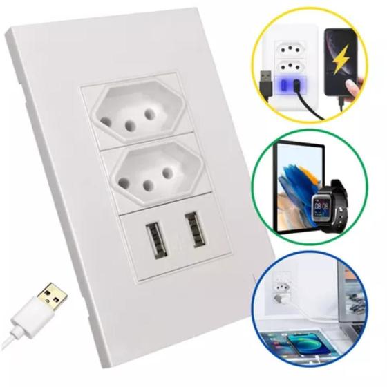Imagem de Tomada Dupla USB Parede Branco Carregador 4x2 Bivolt