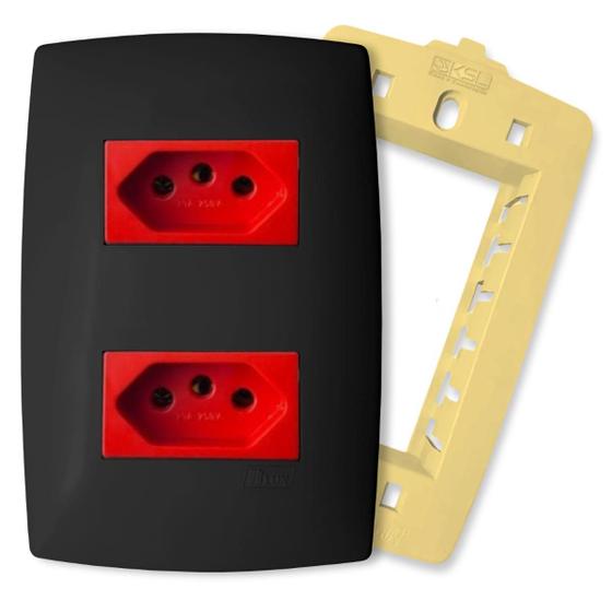 Imagem de Tomada Dupla Vermelha 10A 4x2 Com Placa Home Grafite Brilho Horizontal B.lux