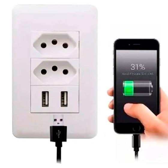 Imagem de Tomada Duplo Usb Parede Universal Bivolt Branco