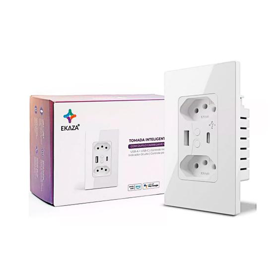 Imagem de Tomada Inteligente de Parede Dupla 10A Wifi Entrada USB+USB-C 4x2 Ekaza Alexa E Google