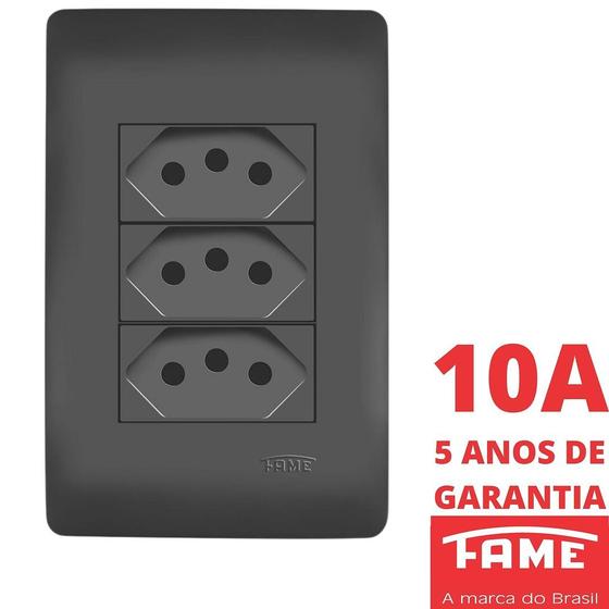 Imagem de Tomada Padrão Tripla 2P+T 10A Com Placa Habitat Black FAME