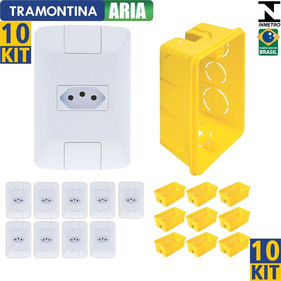 Imagem de Tomada Simples Aria Branco Tramontina 10A/250V + Caixinha Embutir 4x2   Kit c/ 10 unidades