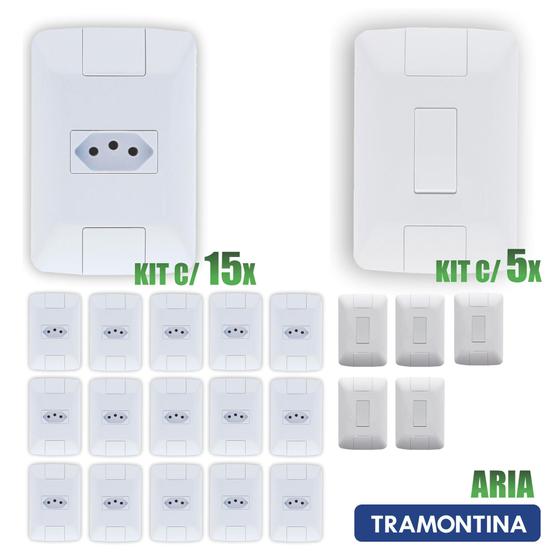 Imagem de Tomada Simples Aria Branco Tramontina 10A/250V Kit c/ 15 unidades + Interruptor kit c/5 uni