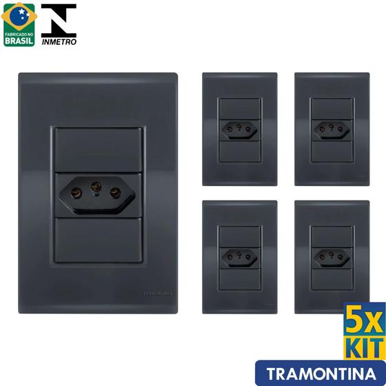 Imagem de Tomada Simples Giz Grafite Tramontina 10A/250V Kit c/ 5 unidades