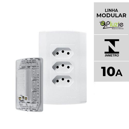 Imagem de Tomada tripla linha facil 10A Pluzi Modular Pluzie 4x2 branca 250V