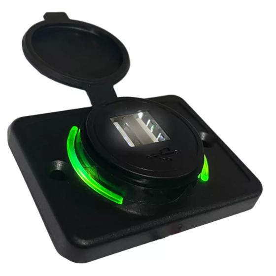 Imagem de Tomada Usb Automotiva 2 Saidas Led Verde 12V 24V Bivolt