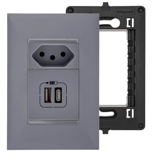 Imagem de Tomada USB-C PIAL Plus+ Cinza Parede Com USB-A e Tomada 10A Legrand