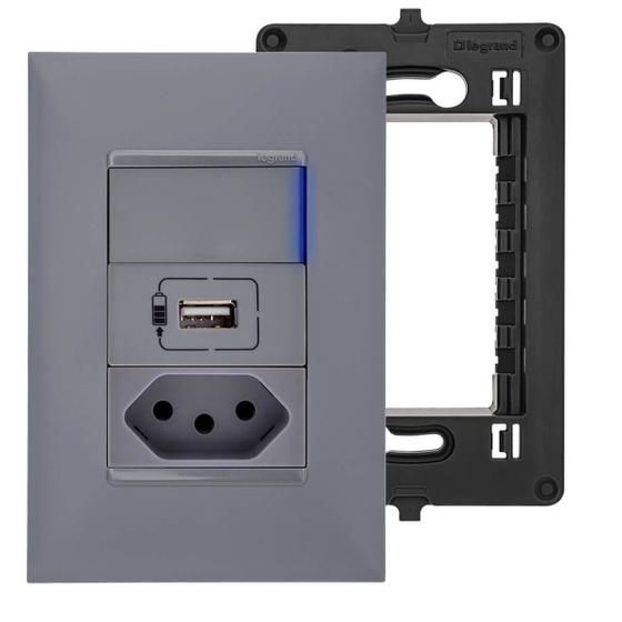 Tomada USB Parede Com Tomada 10A Interruptor Simples Cinza Pial Plus+ Menor preço em Tomada USB Parede Com Tomada 10A Interruptor Simples Cinza Pial Plus+