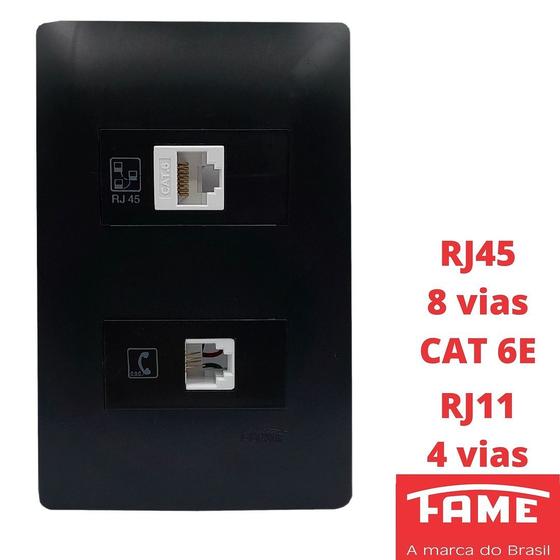 Imagem de Tomada VD RJ11 4 Vias RJ45 CAT 6E 8 Vias Com Placa Habitat Black FAME