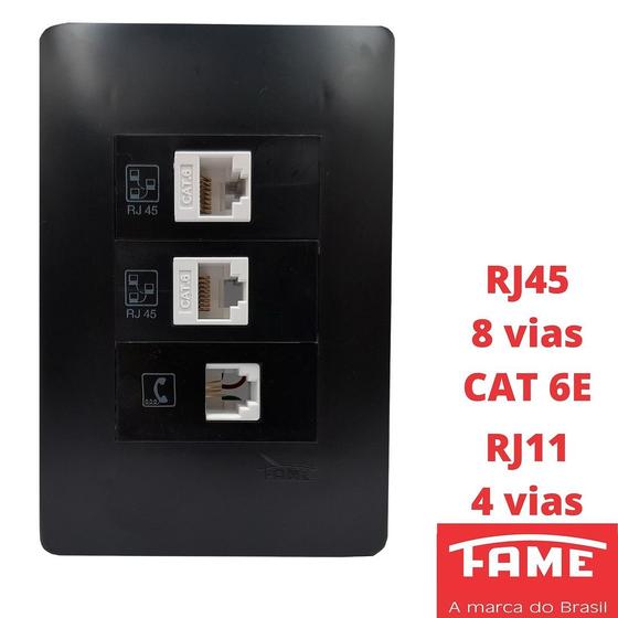 Imagem de Tomada VD RJ11 4 Vias RJ45 CAT 6E 8 Vias Dupla Com Placa Habitat Black FAME