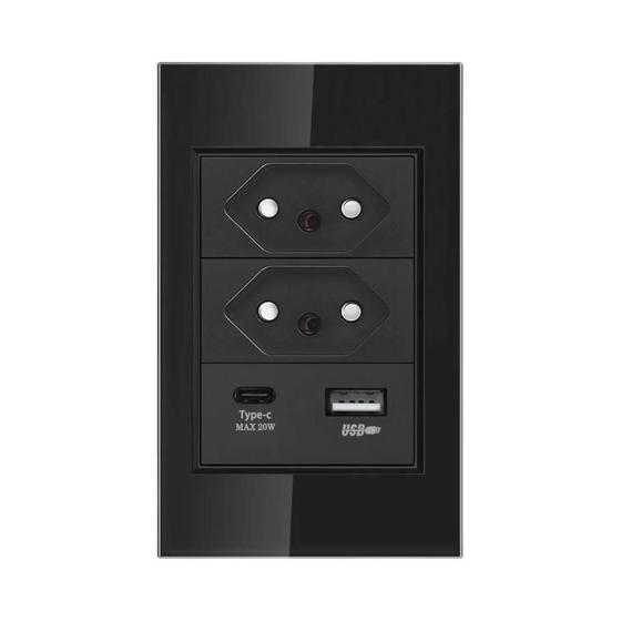 Imagem de Tomadas de Parede Padrão Brasil 10A/20A com USB Tipo C e Interruptor - Painel de Vidro Temperado