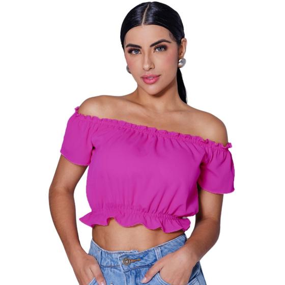 Imagem de Top cropped ciganinha ombro a ombro com bojo e forro tecido plano crepe bublee sem elastano tamanho unico veste 38 40 42