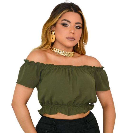 Imagem de Top cropped ciganinha ombro a ombro com bojo e forro tecido plano crepe bublee sem elastano tamanho unico veste 38 40 42