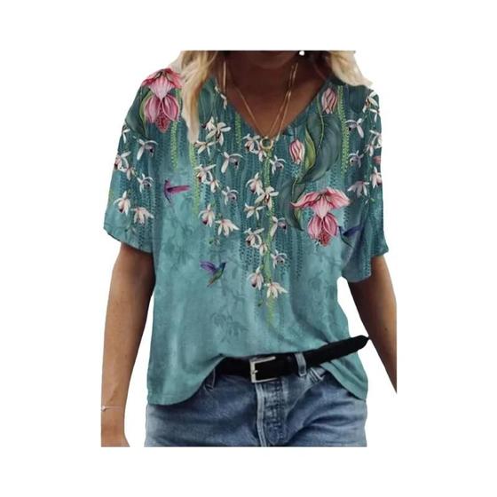 Imagem de Top Feminino com Estampa Floral Botânica - Manga Curta - Moda Casual de Verão