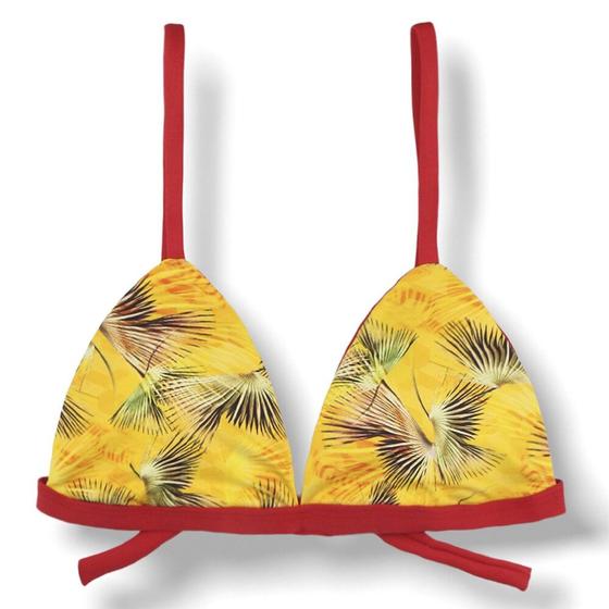 Imagem de Top Jade Amarelo Tropical  Cortininha Triângulo Fixo  Estilo Sutiã com Amarração nas Costas  Alças com Regulagem  Bojo Removível  Biquíni Estampa