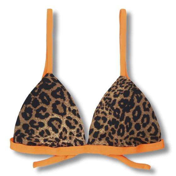 Imagem de Top Jade Animal Print com Laranja Neon  Cortininha Triängulo Fixo  Estilo Sutiã com Amarração nas Costas  Alças com Regulagem  Bojo Removível  De