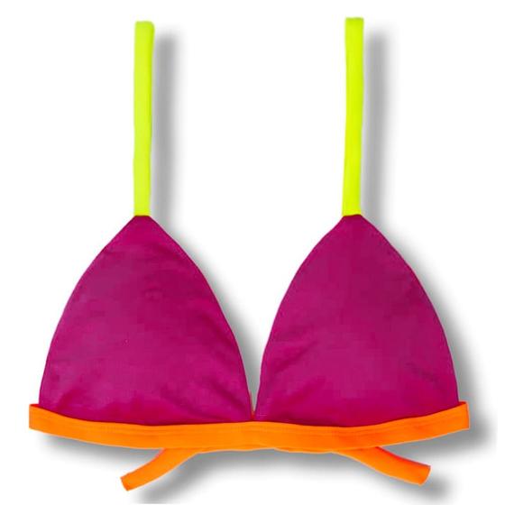 Imagem de Top Jade Pink Twist  Cortininha Triângulo Fixo  Estilo Sutiã com Amarração nas Costas  Alças com Regulagem  Bojo Removível  Biquíni Tricolor Liso
