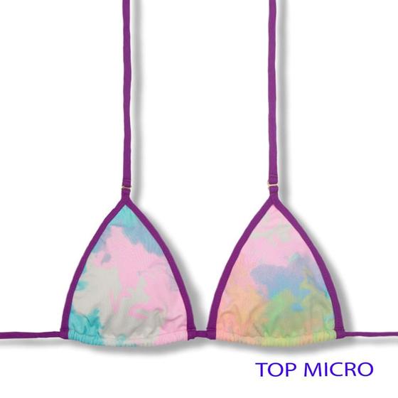 Imagem de Top Mila Tie Dye  Micro Cortininha com Viés  Sem Bojo  Amarração nas Costas e Pescoço  Detalhe Uva