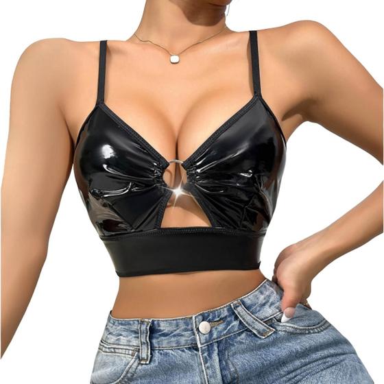 Imagem de Top Sutiã Cropped Couro PU Lingerie Blusa Curta Sexy S/ Bojo