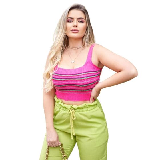 Imagem de Top Tricot Cropped Alcinha Listrado Blusas Femininas Verão