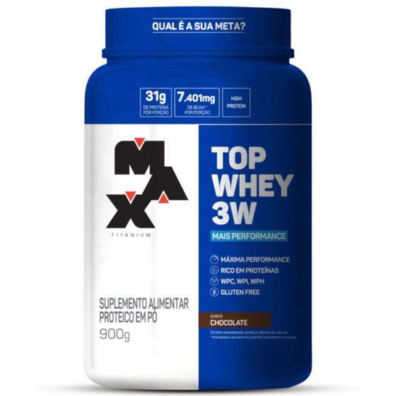 Top Whey Protein 3w Performance Chocolate 900g Max Titanium Menor preço em Top Whey Protein 3w Performance Chocolate 900g Max Titanium