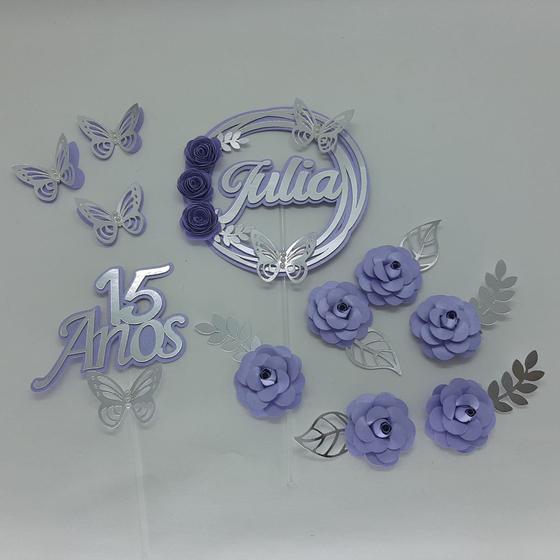 Imagem de Topo de Bolo 15 anos Flores e Borboletas Lilás personalizado
