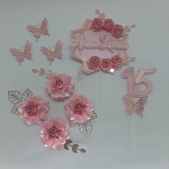 Imagem de Topo de Bolo 15 anos personalizado flores Rosê
