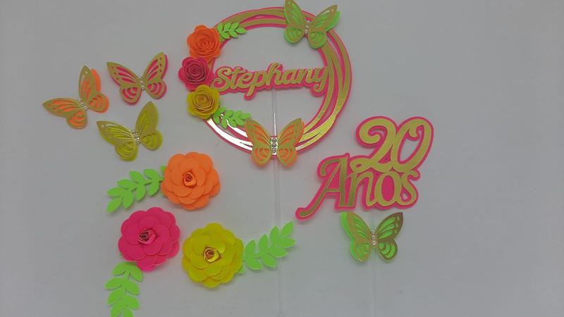 Imagem de Topo de Bolo Aniversário Flores Neon com Borboletas