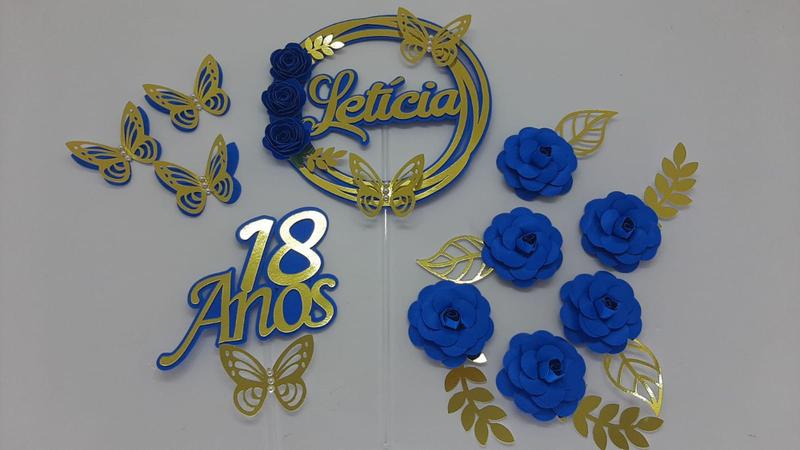 Imagem de Topo de Bolo Flores Azul com Dourado personalizado