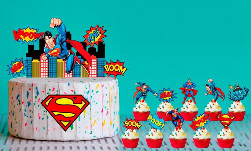 Imagem de Topo de bolo Superman + 20 tags de cupcake Super Homem