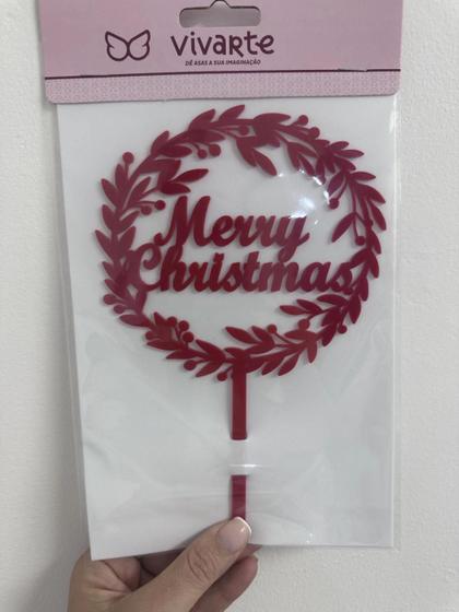 Imagem de Topo Topper de Bolo Natal Merry Christmas Acrílico Vermelho 20 cm Vivarte - Inspire sua Festa Loja