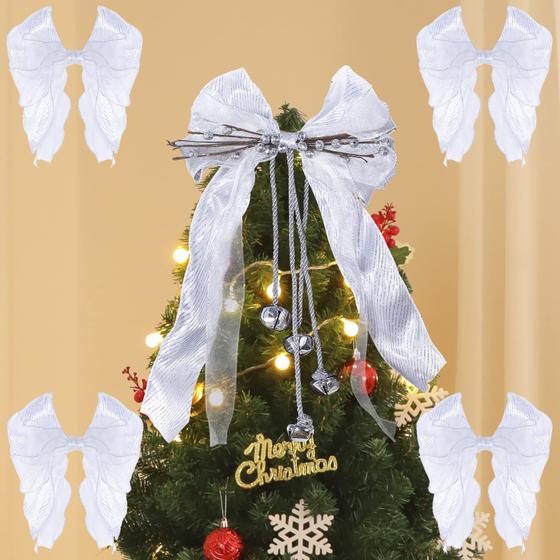 Imagem de Topper da árvore de Natal com sinos de jingle, topper de arco de fita para a árvore, enfeites de Natal para decoração de férias, grande presente de decoração de Natal, 10.23x 14.96 polegadas, branco