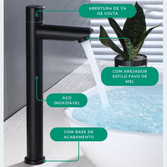 Torneira Alta Banheiro Lavatorio Bancada Bica Reta Preta Cuba Sobrepor Metal Aço Inox Modelo Parana Menor preço em Torneira Alta Banheiro Lavatorio Bancada Bica Reta Preta Cuba Sobrepor Metal Aço Inox Modelo Parana
