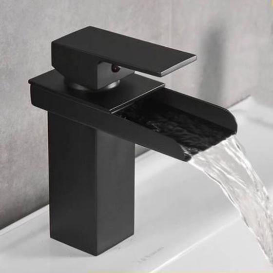 Imagem de Torneira Bancada Monocomando Metal Estilo Cascata Quadrada Preta Água Quente e Fria para Banheiro Lavabo Lavatorio Cuba Pia