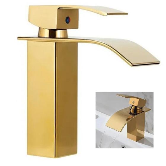 Imagem de Torneira Cascata Monocomando Inox Dourada Banheiro Lavabo Bancada Misturador Mesa Agua Quente Fria Luxo