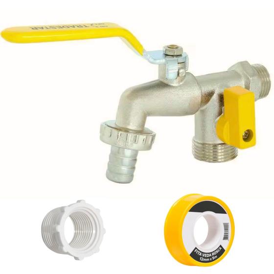 Imagem de Torneira Com Duas Saídas Metal Com Bico 1/2" e 3/4" + Bucha de Redução 3/4" Para 1/2" + Fita Veda Rosca