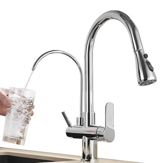 Imagem de Torneira com Suporte para Filtro Cozinha Bancada Gourmet Misturador Monocomando Bico Extensível