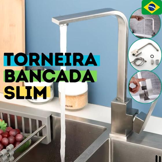Imagem de Torneira Cozinha Banheiro Monocomando Misturador Bancada Quadrada Slim Alta Aço Inox Cromado Fosco Modelo Marin