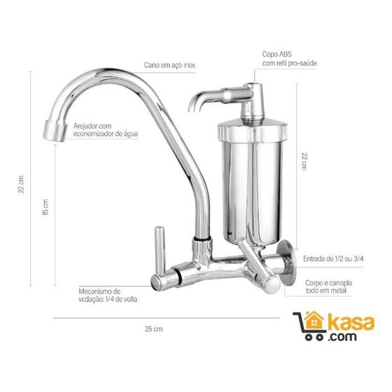 Imagem de Torneira Cozinha com Filtro Slim Parede Cromada Cano Inox / Gourmet Cromado Luxo 1/4 volta