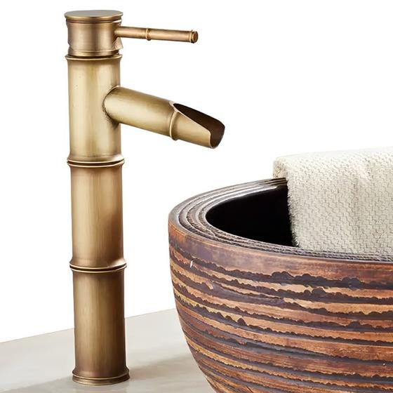 Imagem de Torneira de Bambu Estilo Cobre Bronze Vintage Retro em Aço Inox Para Banheiro Lavabo Bancada de Luxo Misturador Monocomando